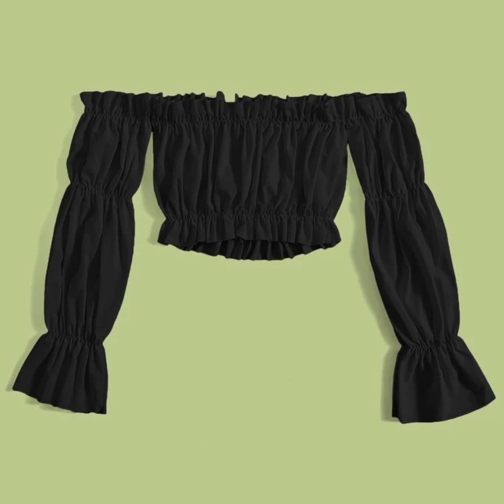 Off Shoulder Frill Trim Flounce Sleeve Crop Top